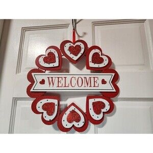 Valentine's Day Heart Wreath Door Hanger Sign Red White Glitter Wooden Welcome
